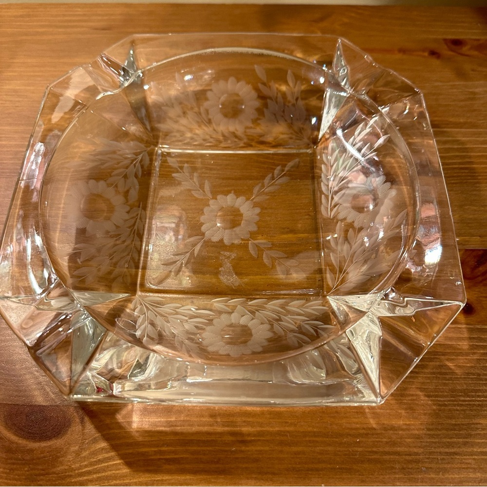 Vintage Clear Glass Etched Floral Ashtray